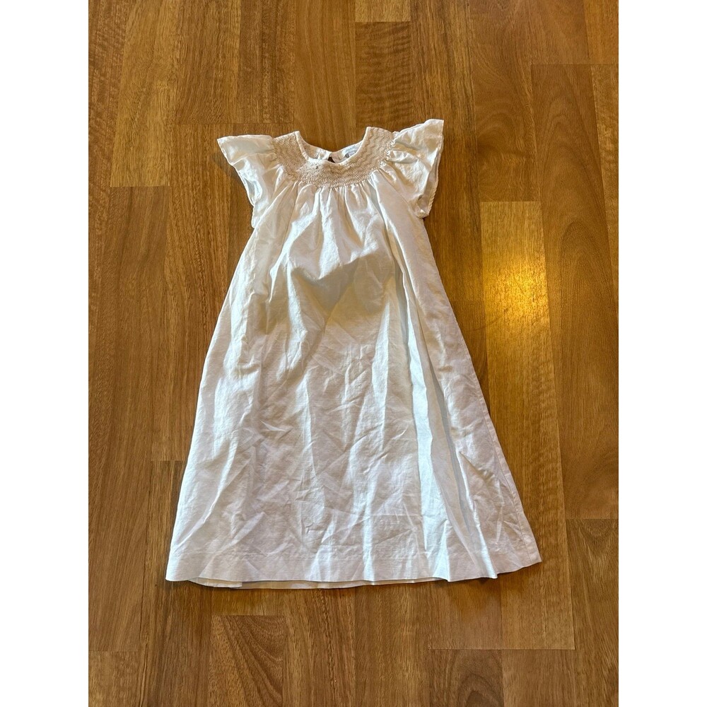Jacadi France White Linen blend Smocked Neck Ruffle Sleeve Dress